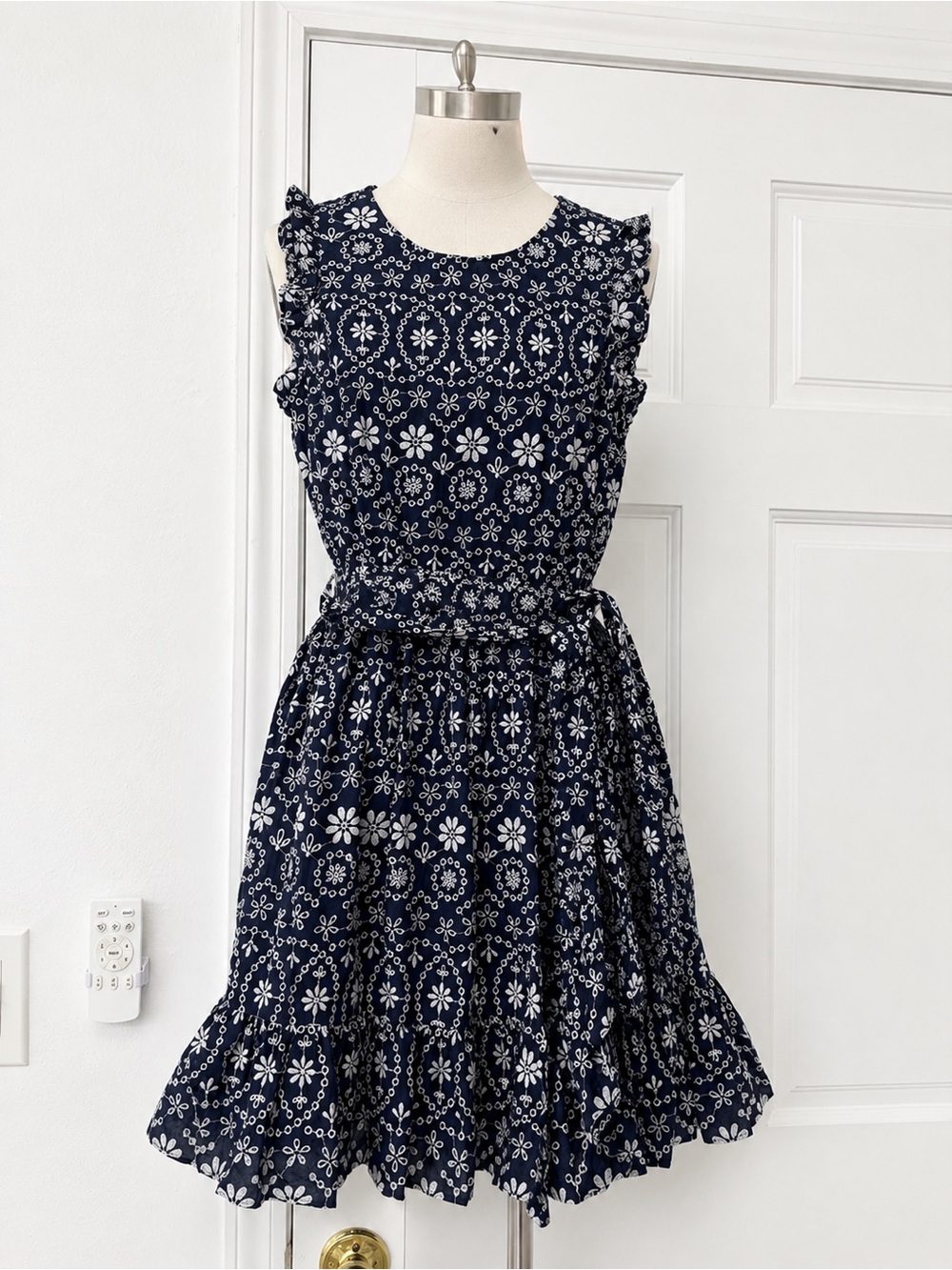 kate spade Navy and White Floral Ruffle Tie-Waist Mini Dress - Picture 1 of 5